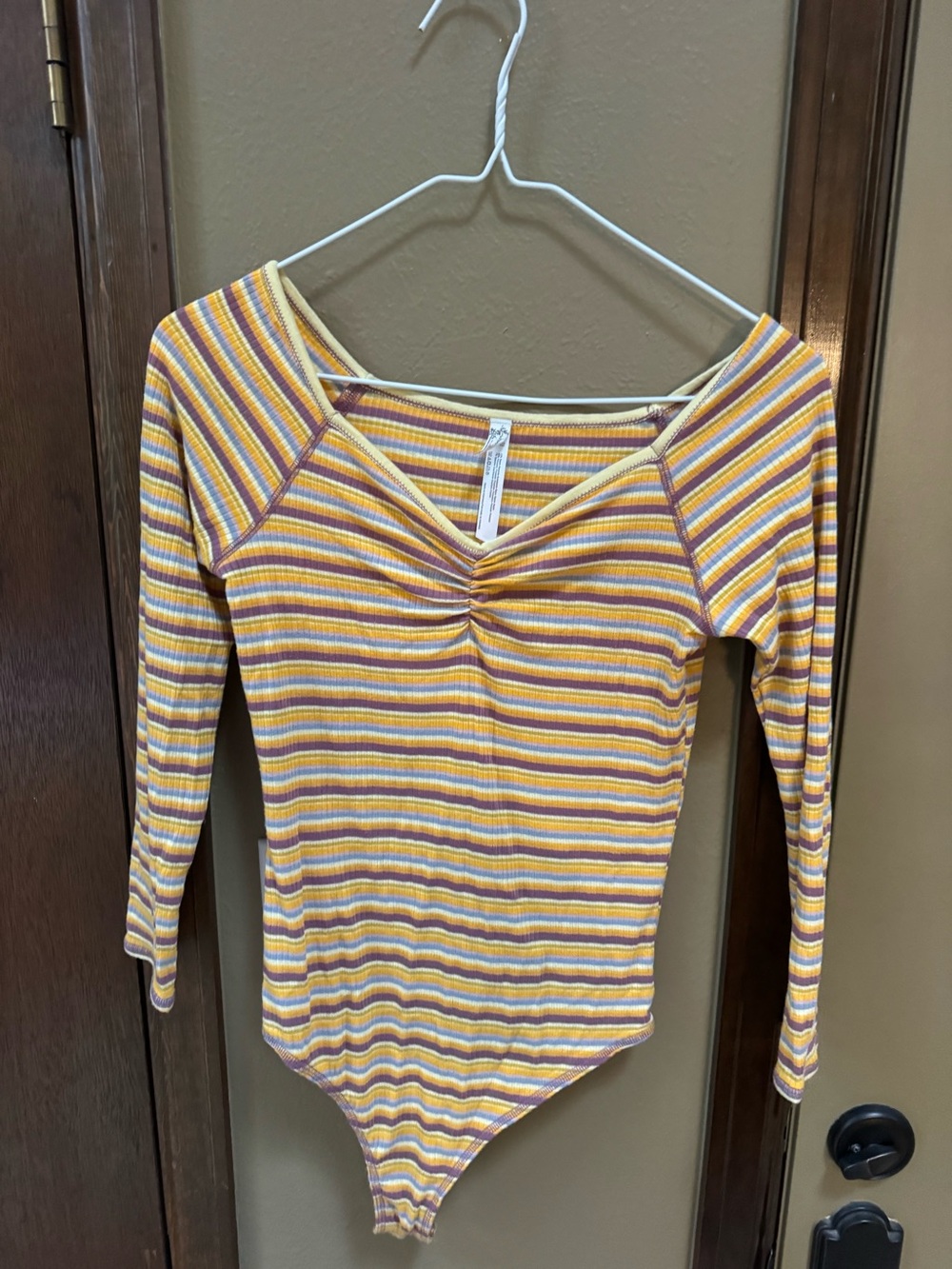 Free People size small Yellow & Purple Striped Ribbed Bodysuit NWOT